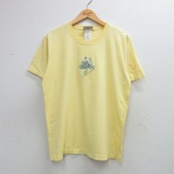 古着 半袖 ビンテージ Tシャツ レディース 00年代 00s 花 刺繍 コットン クルーネック カナダ製 黄 26may07