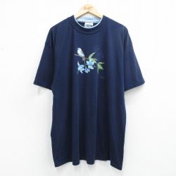 古着 半袖 ビンテージ Tシャツ レディース 90年代 90s 花 鳥 大きいサイズ ロング丈 クルーネック USA製 紺 26may07