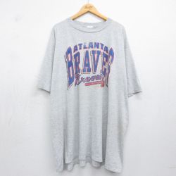 古着 半袖 ビンテージ Tシャツ レディース 90年代 90s MLB アトランタブレーブス 大きいサイズ ロング丈 クルーネック USA製 薄グレー 霜降り メジャーリーグ ベースボール 野球 26may08