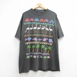 古着 半袖 ビンテージ Tシャツ レディース 90年代 90s 魚 ヤシの木 大きいサイズ クルーネック ブラック 26jun12