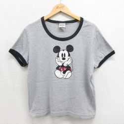 古着 半袖 Tシャツ レディース ディズニー ミッキー 大きいサイズ クルーネック グレー 霜降り リンガー 26jun12