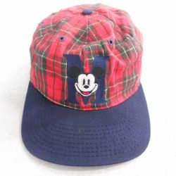 【20%OFF】中古 キャップ 90年代 90s ディズニー DISNEY ミッキー MICKEY MOUSE 刺繍 USA製 赤他 レッド タータン チェック 25oct14
