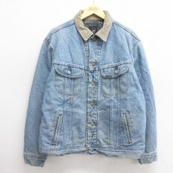 XL★古着 リー Lee 長袖 ジージャン メンズ 90年代 90s 大きいサイズ コットン 襟コーデュロイ USA製 紺 ネイビー デニム 内側ブランケット 24dec04 中古 アウター Gジャン ジャケット