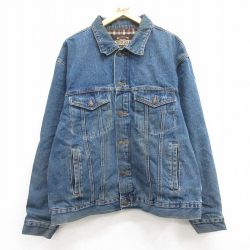 XL★古着 長袖 ジージャン メンズ 00年代 00s 大きいサイズ コットン 紺 ネイビー デニム 内側フランネル 24dec06 中古 アウター Gジャン ジャケット
