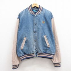 XL★古着 長袖 デニム ジャケット スタジャン メンズ 花 大きいサイズ コットン 紺 ネイビー 24dec14 中古 アウター