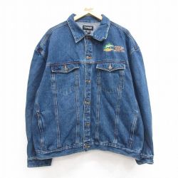 XL★古着 長袖 ジージャン メンズ 魚 大きいサイズ コットン 紺 ネイビー デニム 24dec14 中古 アウター Gジャン ジャケット