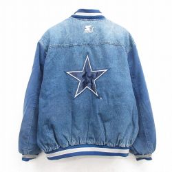 XL★古着 スターター STARTER 長袖 デニム ジャケット スタジャン メンズ 90年代 90s NFL ダラスカウボーイズ 刺繍 大きいサイズ コットン 紺 ネイビー デニム他 内側キルティング アメフト スーパーボウル 25feb12 中古 アウター