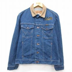 M★古着 ラングラー Wrangler 長袖 ジージャン メンズ 90年代 90s CS 襟コーデュロイ コットン USA製 紺 ネイビー デニム 25feb22 中古 アウター Gジャン ジャケット