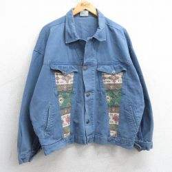 XL★古着 長袖 ジージャン メンズ 90年代 90s ネイティブ柄 ラグ柄 大きいサイズ コットン 紺 ネイビー デニム 25mar05 中古 アウター Gジャン ジャケット