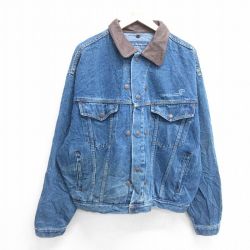 XL★古着 長袖 ジージャン メンズ CONRAIL 襟レザー 大きいサイズ コットン 紺 ネイビー デニム 25mar05 中古 アウター Gジャン ジャケット