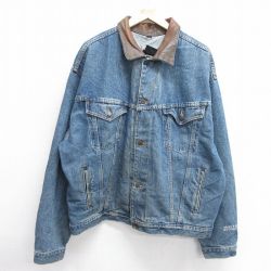 XL★古着 長袖 ジージャン メンズ VICTORY 襟レザー 大きいサイズ コットン カナダ製 紺 ネイビー 25mar05 中古 アウター Gジャン デニム ジャケット