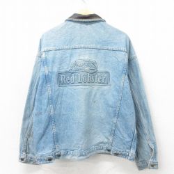 【50%OFF】XL★古着 長袖 ジージャン メンズ 90年代 90s レッドロブスター 襟レザー コットン USA製 紺 ネイビー デニム 25may12 中古 アウター Gジャン ジャケット