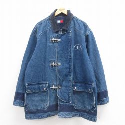 XL★古着 トミーヒルフィガー TOMMY HILFIGER 長袖 ブランド デニム ファイヤーマン ジャケット メンズ 90年代 90s 大きいサイズ ロング丈 襟コーデュロイ コットン 紺 ネイビー 【spe】 25aug23 中古 アウター
