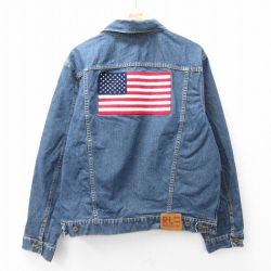 XL★古着 ラルフローレン Ralph Lauren ポロジーンズ 長袖 ブランド ジージャン ジャケット メンズ 星条旗 コットン 濃紺 ネイビー デニム 【spe】 25sep27 中古 アウター Gジャン