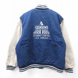 XL★古着 長袖 デニム ジャケット スタジャン メンズ QUEENS 刺繍 大きいサイズ コットン 紺他 ネイビー 内側キルティング 25oct16 中古 アウター