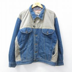XL★古着 長袖 ジージャン メンズ 90年代 90s ツートンカラー 大きいサイズ コットン 紺 ネイビー デニム他 内側フランネル 25oct16 中古 アウター Gジャン デニム ジャケット