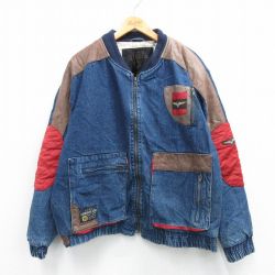 XL★古着 長袖 デニム ジャケット メンズ 00年代 00s 肘当て レザー使用 大きいサイズ コットン 紺他 ネイビー 25oct21 中古 アウター