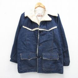 XL★古着 シアーズ 長袖 ボア デニム ジャケット メンズ 80年代 80s ロング丈 開襟 オープンカラー USA製 濃紺 ネイビー 内側ボア 25oct21 中古 アウター