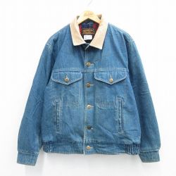 XL★古着 エディーバウアー 長袖 ジージャン メンズ 90年代 90s 襟コーデュロイ ロング丈 コットン 紺 ネイビー デニム 内側ウール 【spe】 25oct21 中古 アウター Gジャン ジャケット
