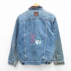 L★古着 マルボロ 長袖 ジージャン メンズ 90年代 90s キノコ 妖精 刺繍 襟レザー 紺 ネイビー デニム 25oct21 中古 アウター Gジャン ジャケット