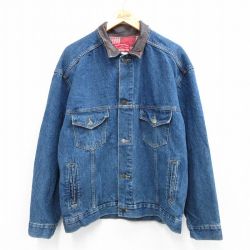 L★古着 マルボロ 長袖 ジージャン メンズ 90年代 90s 襟レザー コットン 紺 ネイビー デニム 【spe】 25oct21 中古 アウター Gジャン ジャケット