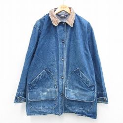 XL★古着 ウールリッチ WOOLRICH 長袖 デニム ジャケット メンズ 90年代 90s 襟レザー コットン USA製 紺 ネイビー 25oct21 中古 アウター