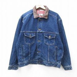 XL★古着 マルボロ 長袖 ジージャン メンズ 90年代 90s 襟レザー コットン 濃紺 ネイビー デニム他 25nov05 中古 アウター Gジャン デニム ジャケット