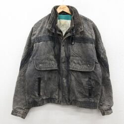 XL★古着 長袖 デニム ジャケット メンズ 90年代 90s ケミカルウォッシュ 大きいサイズ コットン 黒 内側キルティング 26jan09