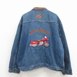 XL★古着 長袖 ジージャン メンズ 00年代 00s ハーレーダビッドソン 刺繍 大きいサイズ 襟レザー コットン 紺 デニム【spe】 26apr30