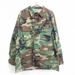 XL★古着 長袖 ミリタリー ジャケット メンズ 90年代 90s コンバット リップストップ ウッドランドカモ 大きいサイズ ロング丈 USA製 緑他 グリーン 迷彩 24sep04 中古 アウター フライト