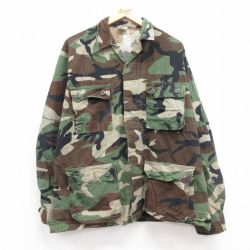 【20%OFF】L★古着 長袖 ミリタリー ジャケット メンズ 90年代 90s リップストップ ウッドランドカモ コットン 開襟 オープンカラー USA製 緑 グリーン 迷彩 24sep17 中古 アウター フライト