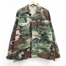 【20%OFF】L★古着 長袖 ミリタリー ジャケット メンズ 90年代 90s リップストップ ウッドランドカモ コットン 開襟 オープンカラー USA製 緑 グリーン 迷彩 24sep17 中古 アウター フライト