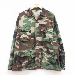 【20%OFF】L★古着 長袖 ミリタリー ジャケット メンズ 90年代 90s リップストップ ウッドランドカモ コットン 開襟 オープンカラー USA製 緑他 グリーン 迷彩 24oct15 中古 アウター フライト