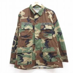【20%OFF】L★古着 長袖 ミリタリー ジャケット メンズ 90年代 90s USマリーンズ コンバット リップストップ ウッドランドカモ USA製 緑他 グリーン 迷彩 24dec17 中古 アウター フライト