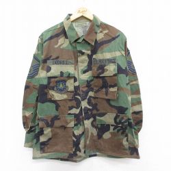 【20%OFF】L★古着 長袖 ミリタリー ジャケット メンズ 90年代 90s USエアフォース コンバット ウッドランドカモ USA製 緑他 グリーン 迷彩 24dec24 中古 アウター フライト