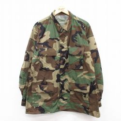 【50%OFF】XL★古着 長袖 ミリタリー ジャケット メンズ 90年代 90s コンバット リップストップ ウッドランドカモ 大きいサイズ ロング丈 USA製 茶他 ブラウン 迷彩 24dec24 中古 アウター フライト