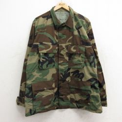 XL★古着 長袖 ミリタリー ジャケット メンズ 90年代 90s コンバット ウッドランドカモ リップストップ USA製 濃緑他 グリーン 迷彩 24dec24 中古 アウター フライト