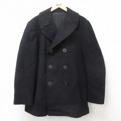 M★古着 長袖 ビンテージ ミリタリー ピーコート メンズ 70年代 70s ロング丈 ウール 黒 ブラック 25feb10 中古 アウター