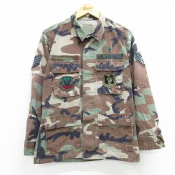 M★古着 長袖 ミリタリー ジャケット メンズ 90年代 90s USエアーフォース コンバット リップストップ ウッドランドカモ USA製 緑 グリーン 迷彩 25mar04 中古 アウター フライト