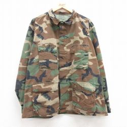 XL★古着 長袖 ミリタリー ジャケット メンズ 80年代 80s コンバット リップストップ ウッドランドカモ 大きいサイズ コットン USA製 緑 グリーン 迷彩 25apr11 中古 アウター フライト