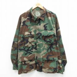 XL★古着 長袖 ミリタリー ジャケット メンズ 80年代 80s コンバット リップストップ ウッドランドカモ コットン USA製 濃緑他 グリーン 迷彩 【spe】 25sep27 中古 アウター フライト