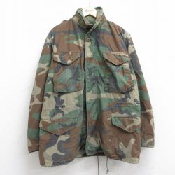 XL★古着 長袖 ミリタリー フィールド ジャケット メンズ 80年代 80s M-65 ウッドランドカモ ロング丈 濃緑他 グリーン 迷彩 25sep30 中古 アウター フライト