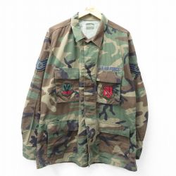 XL★古着 長袖 ミリタリー ジャケット メンズ 90年代 90s コンバット USエアフォース ワッペン ウッドランドカモ 大きいサイズ 濃緑他 グリーン 迷彩 25oct01 中古 アウター フライト