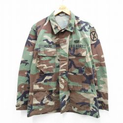 L★古着 長袖 ミリタリー ジャケット メンズ 90年代 90s コンバット ウッドランドカモ リップストップ USアーミー ARMY USA製 濃緑 グリーン 迷彩 25oct04 中古 アウター フライト