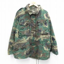 XL★古着 長袖 ミリタリー フィールド ジャケット メンズ 80年代 80s M-65 ウッドランドカモ リップストップ 大きいサイズ 濃緑 グリーン 迷彩 25oct04 中古 アウター フライト