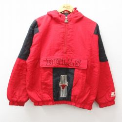 L★古着 スターター STARTER 長袖 ハーフジップ ナイロン ジャケット パーカー メンズ 90年代 90s NBA シカゴブルズ 赤他 レッド 内側キルティング バスケットボール 24dec09 中古 アウター