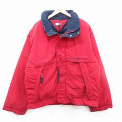 XL★古着 トミーヒルフィガー TOMMY HILFIGER 長袖 ブランド ナイロン ダウン ジャケット メンズ 90年代 90s ワンポイントロゴ 大きいサイズ 赤 レッド 【spe】 24dec10 中古 アウター