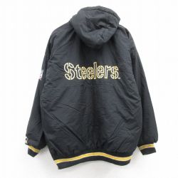 XL★古着 スターター STARTER 長袖 ジャケット パーカー メンズ 90年代 90s NFL ピッツバーグスティーラーズ 刺繍 黒 ブラック 内側キルティング アメフト スーパーボウル 24dec19 中古 アウター