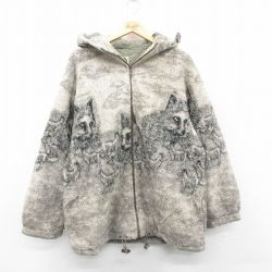 L★古着 長袖 フリース ジャケット パーカー メンズ オオカミ ベージュ他 カーキ 内側キルティング 24dec19 中古 アウター
