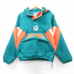 L★古着 スターター STARTER 長袖 ハーフジップ ナイロン ジャケット パーカー メンズ 90年代 90s NFL マイアミドルフィンズ 刺繍 青緑他 アメフト スーパーボウル 25feb07 中古 アウター